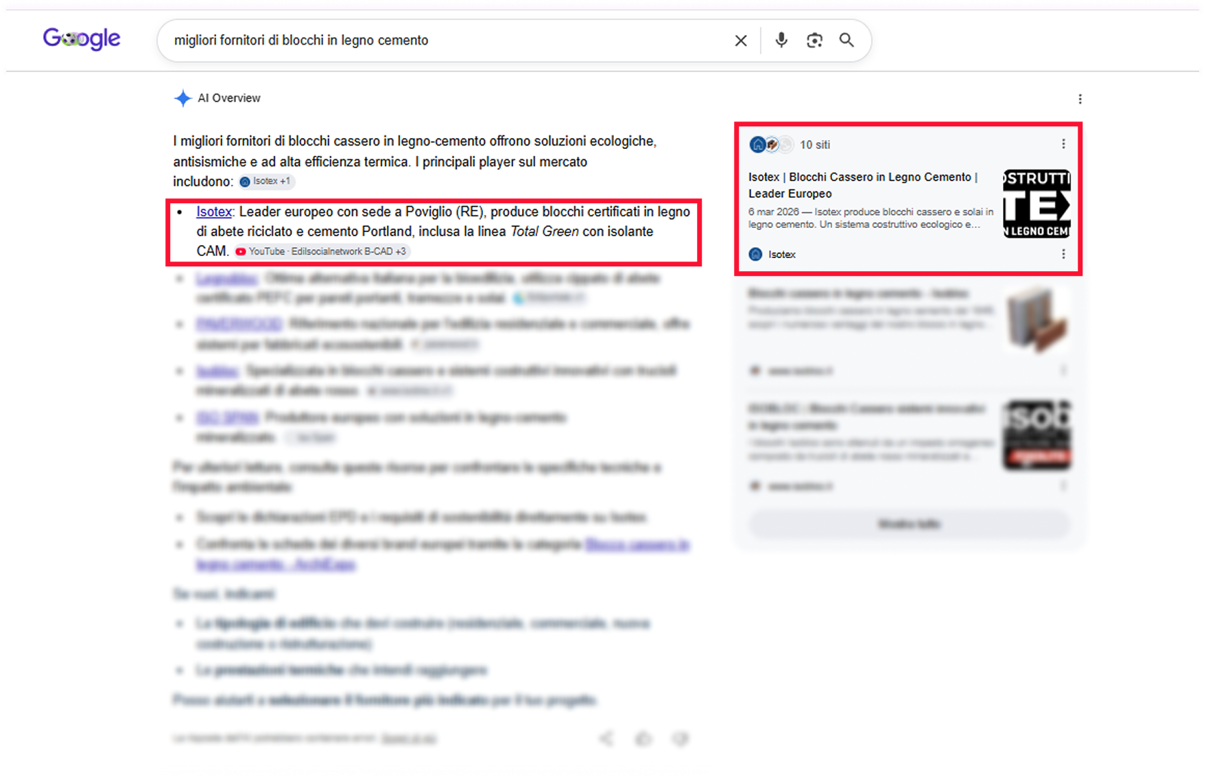 Google AI Overview cita Isotex tra i fornitori di blocchi in legno cemento