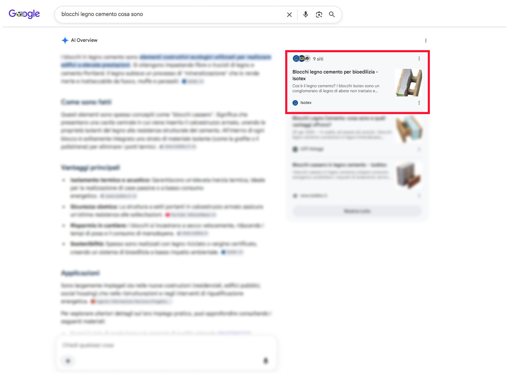 Google AI Overview utilizza Isotex per spiegare cosa sono i blocchi in legno cemento